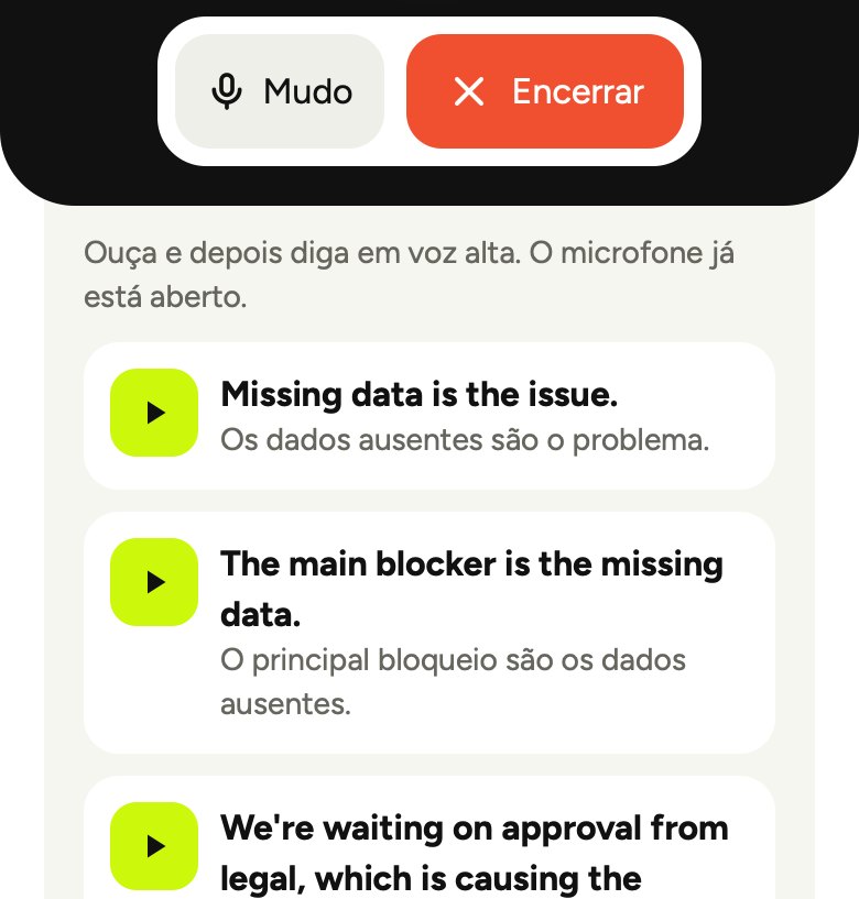 Sugestões de resposta com tradução e botão de falar