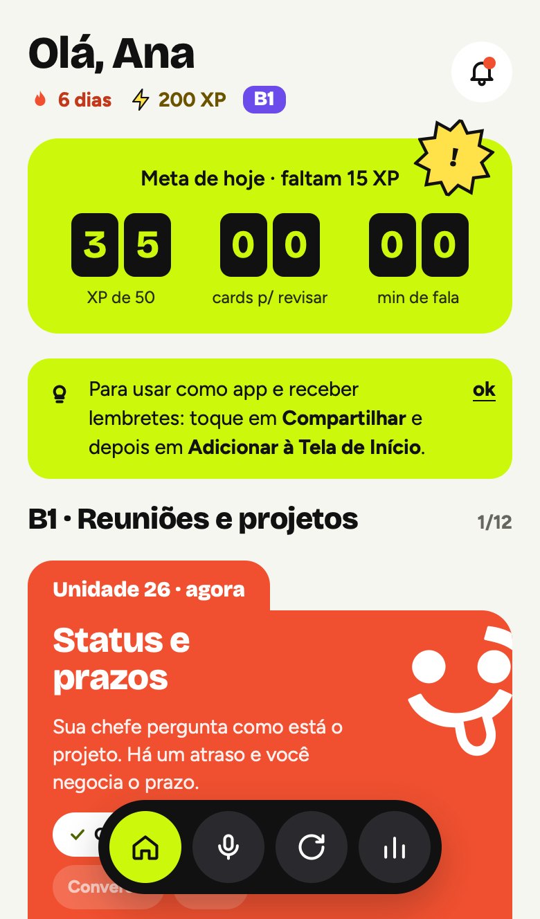 Tela inicial do Linguo com a meta do dia e a unidade atual